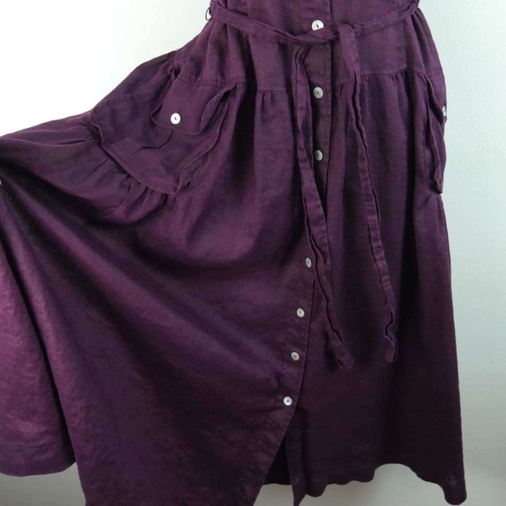 Vintage Linen Maxi Dress 14 Purple Sleeveless Button Front Tie Waist Minimal 90s - Picture 5 of 10
